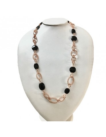 Collana Della Rovere - in Argento 925% Rosè ed Agata Nera 75 cm -DR205