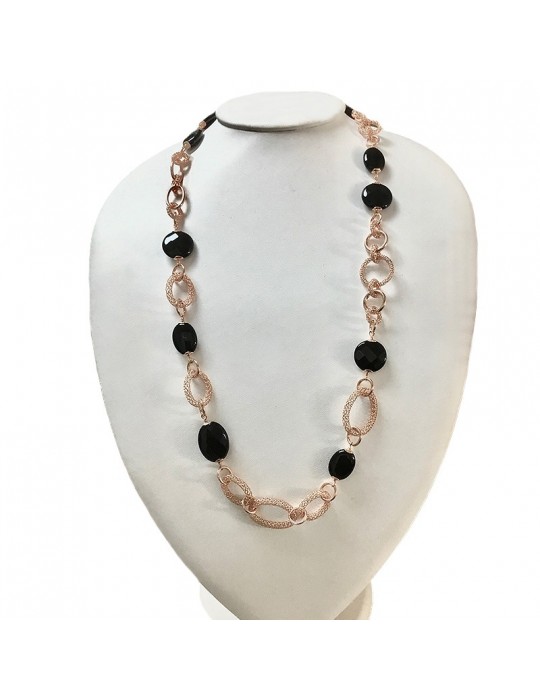Collana Della Rovere - in Argento 925% Rosè ed Agata Nera 75 cm -DR205