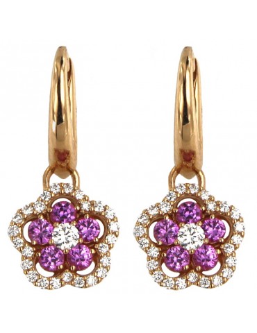 Crivelli Woman's Earrings - Flower in Rose Gold and Natural Diamonds and Pink Sapphires - 0