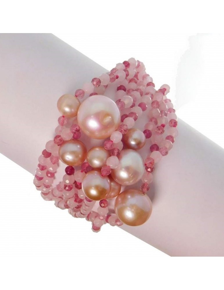 Rajola Woman's Bracelet - Flash with Strawberry Quartz and Biwa Pearls - 0