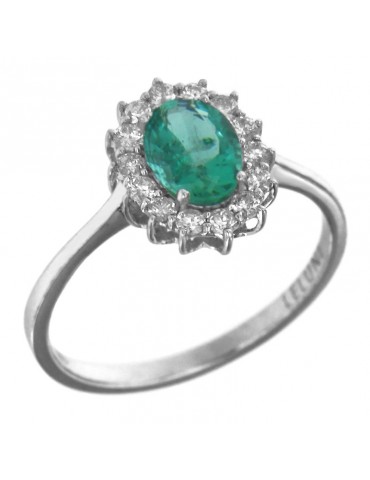 Lelune Diamonds Woman's Ring - in 18 carat White Gold with Diamonds and Emerald 0,86 carats - 0