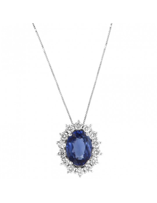 Lelune Diamonds Woman's Necklace - in 18k White Gold with Diamonds and 0.96 carat Sapphire - 0