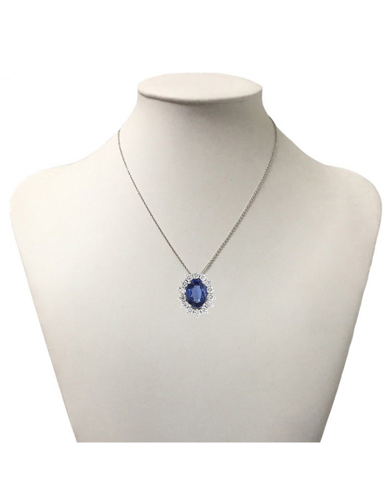 Lelune Diamonds Woman's Necklace - in 18k White Gold with Diamonds and 0.96 carat Sapphire - 0