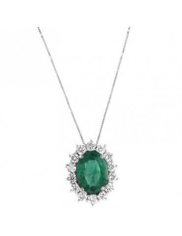 Lelune Diamonds Woman's Necklace - in 18k White Gold with Diamonds and 0.81 carat Emerald - 0