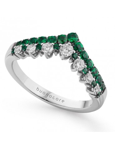 Buonocore Woman's Ring - Wave in 18K White Gold with Natural Diamonds and Emeralds - 0