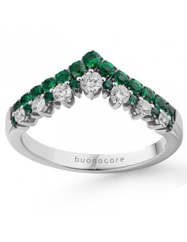 Buonocore Woman's Ring - Wave in 18K White Gold with Natural Diamonds and Emeralds - 0 2