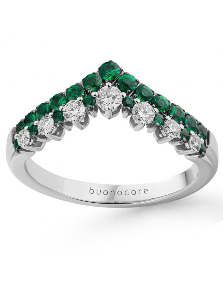 Buonocore Woman's Ring - Wave in 18K White Gold with Natural Diamonds and Emeralds - 0
