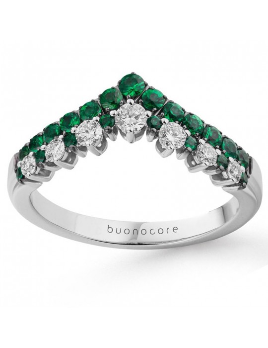 Buonocore Woman's Ring - Wave in 18K White Gold with Natural Diamonds and Emeralds - 0
