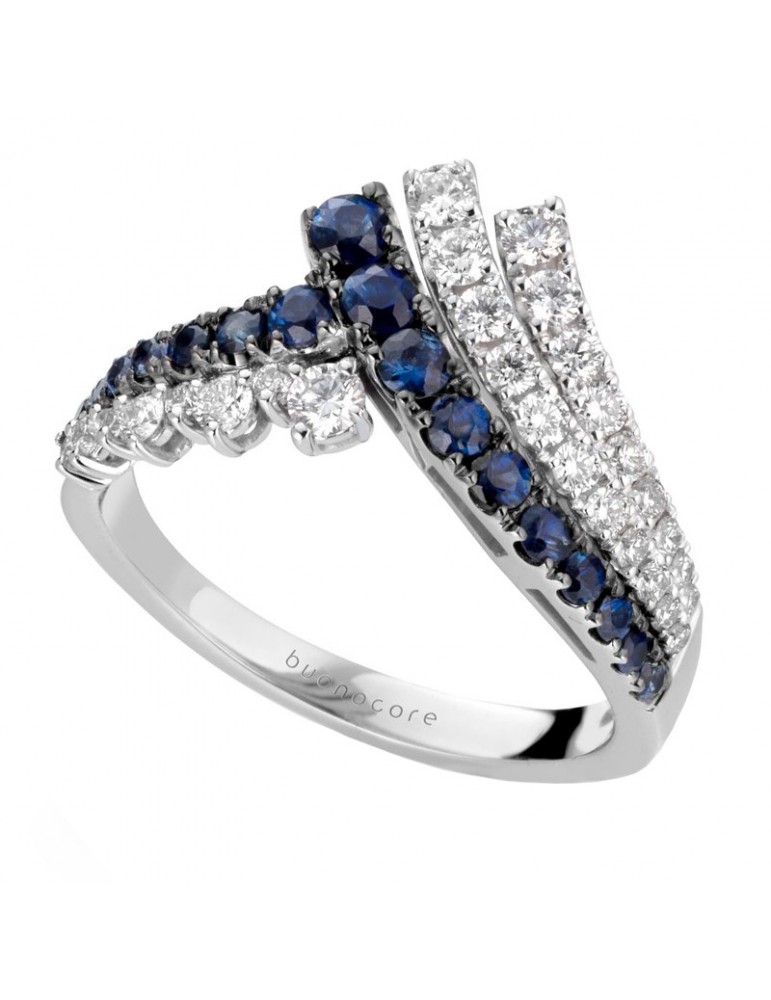 Buonocore Woman's Ring - Wave in 18K White Gold with Natural Diamonds and Sapphires - 0