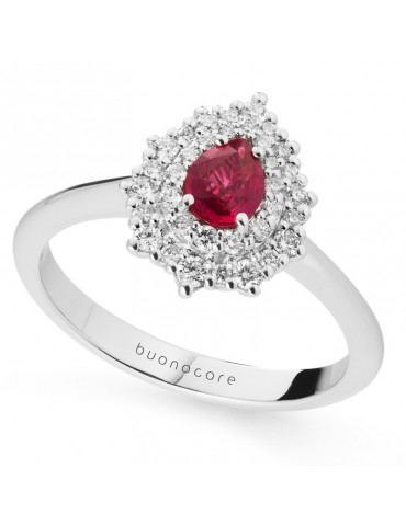 Buonocore Woman's Ring - Drop in 18K White Gold with Natural Diamonds and Ruby - 0