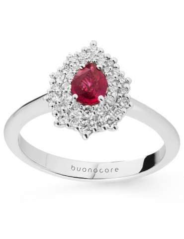 Buonocore Woman's Ring - Drop in 18K White Gold with Natural Diamonds and Ruby - 0 2