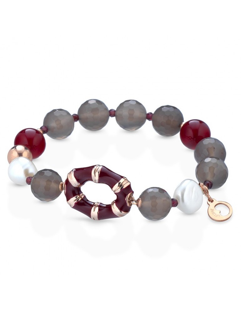 Lelune Glamor Bracelet - Garnet Agate Elastic and Natural Cultured Pearls - 0