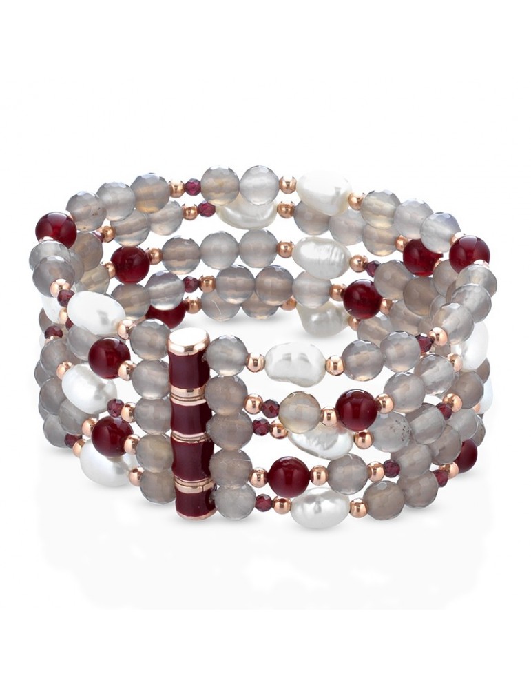 Lelune Glamour Bracelet - Multi-strand Elastic with Garnet Agate and Natural Cultured Pearls - 0