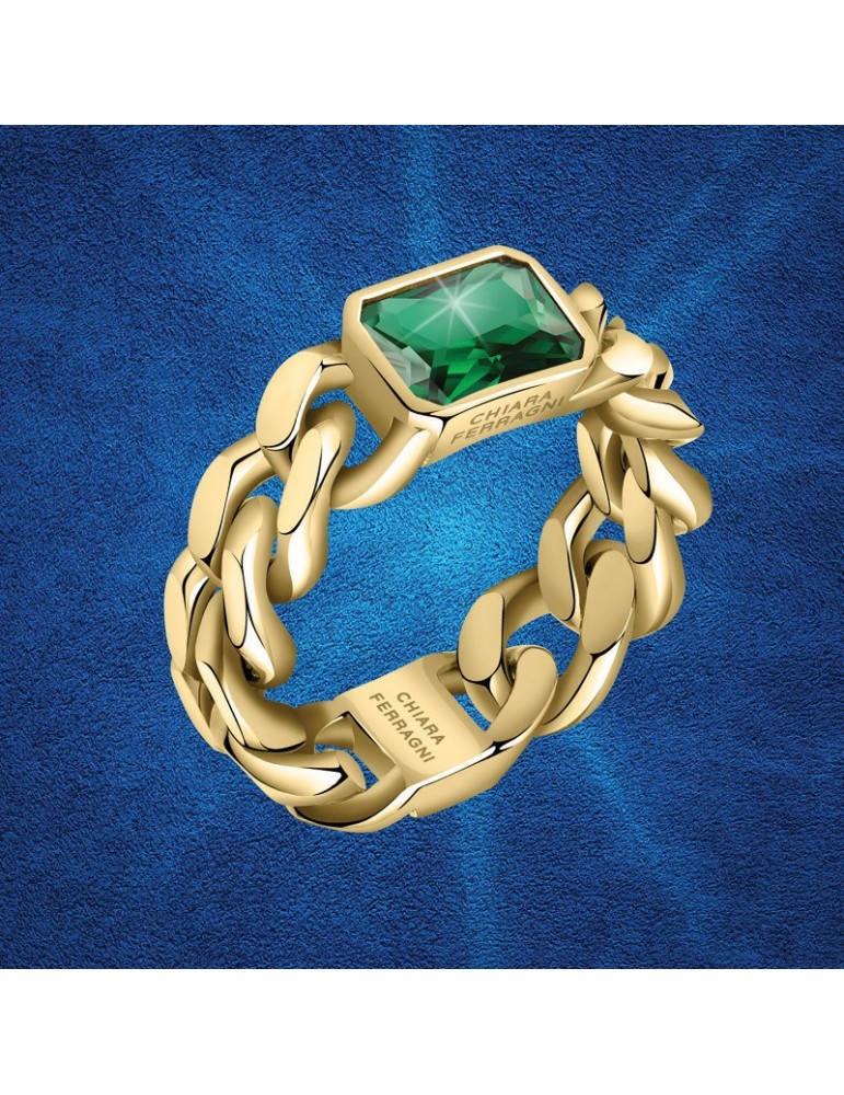 Chiara Ferragni Woman's Ring - Chain Gold Groumette with Green Zircon - 12 - 0