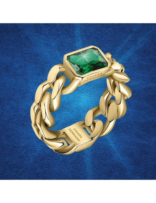 Chiara Ferragni Woman's Ring - Chain Gold Groumette with Green Zircon - 12 - 0