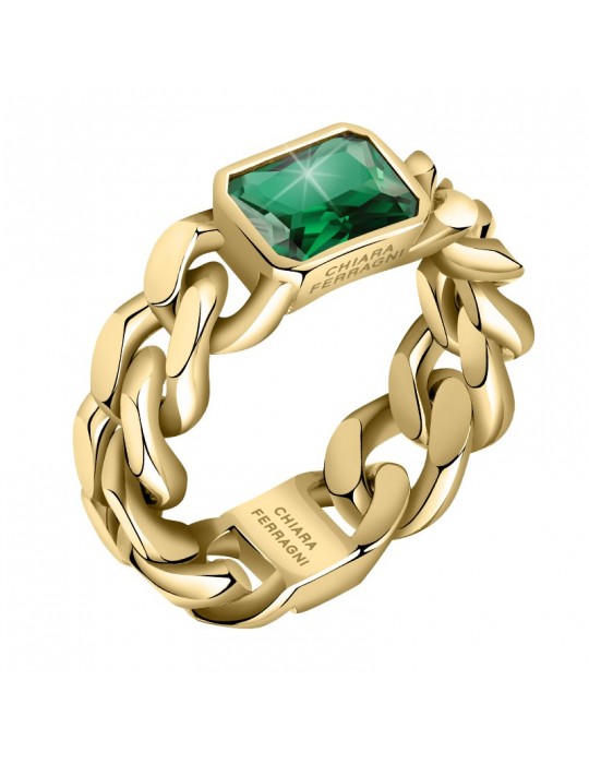 Chiara Ferragni Woman's Ring - Chain Gold Groumette with Green Zircon - 12 - 0