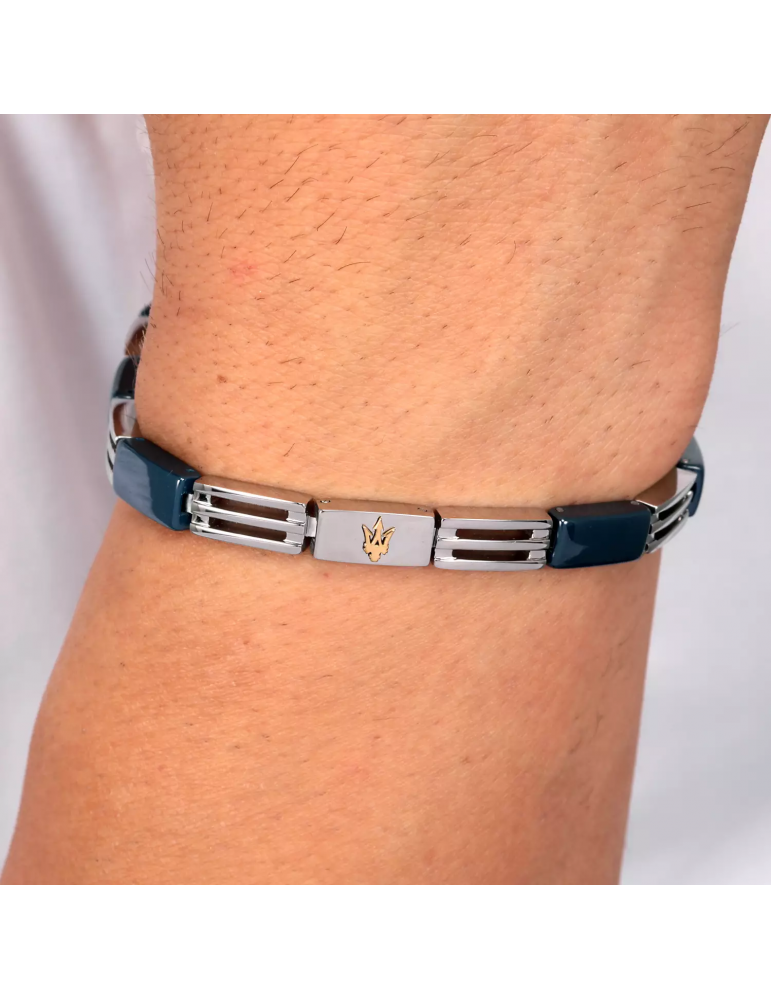 Bracciale Maserati Uomo - in Acciaio ed Inserti in Ceramica Blu con Logo Gold 22cm - 0