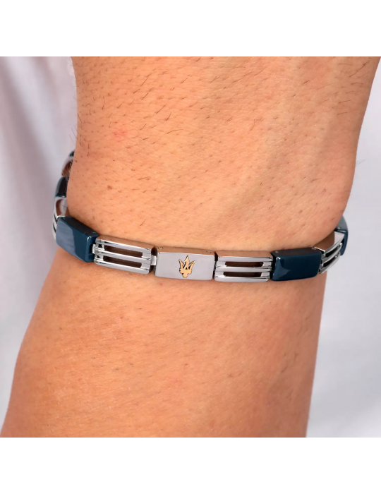Maserati Man's Bracelet - in Steel and Blue Ceramic Inserts with 22cm Gold Logo - 0