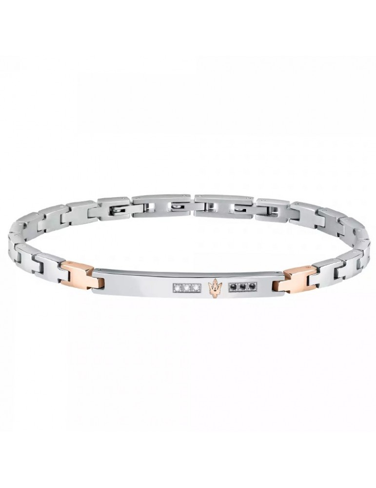 Bracciale Maserati Uomo - in Acciaio con Placca Silver con Diamanti Bianchi e Neri 22cm - 0