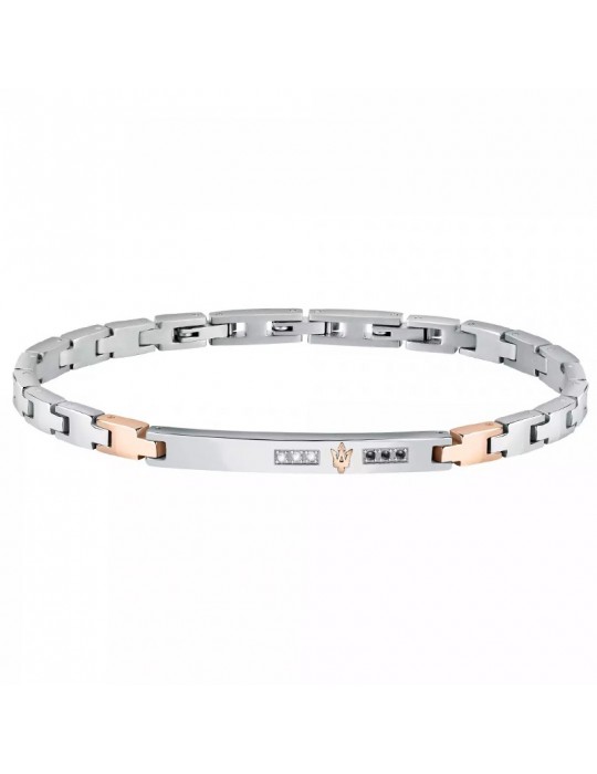 Bracciale Maserati Uomo - in Acciaio con Placca Silver con Diamanti Bianchi e Neri 22cm - 0