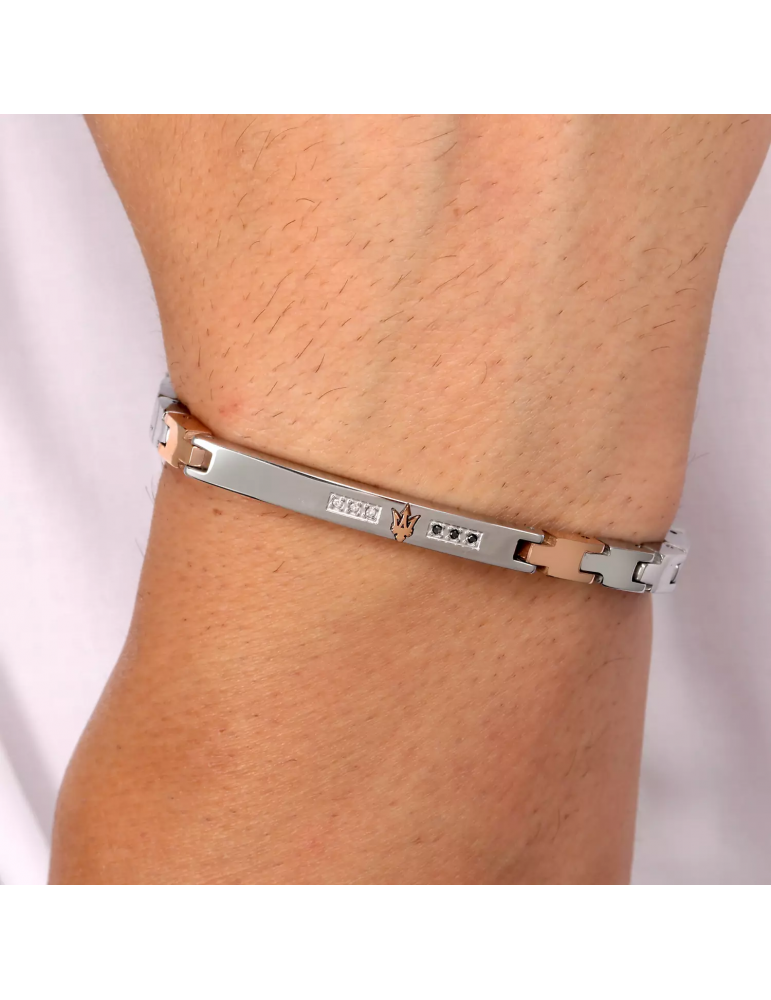 Bracciale Maserati Uomo - in Acciaio con Placca Silver con Diamanti Bianchi e Neri 22cm - 0