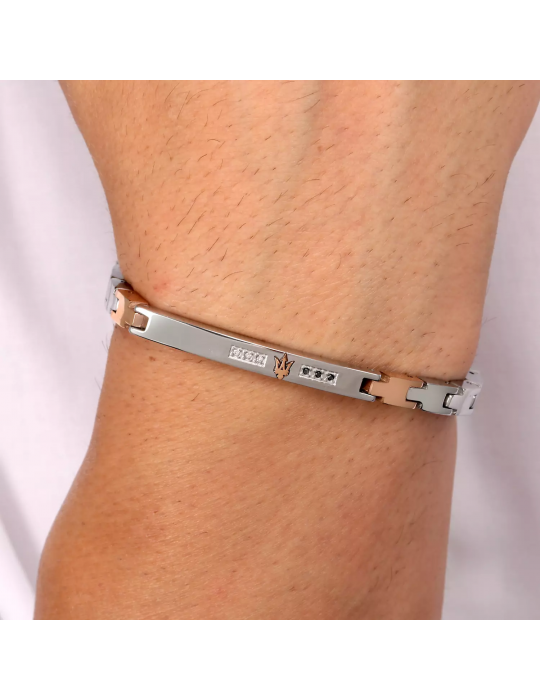 Maserati Man's Bracelet - in Steel with Rose Gold Plate with White and Black Diamonds 22cm - 0