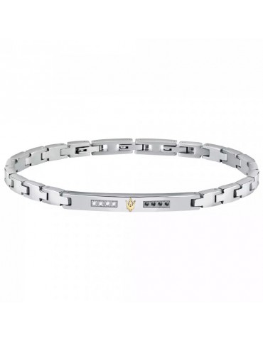 Maserati Man's Bracelet - in Steel Silver Plate with White and Black Diamonds 22cm - 0