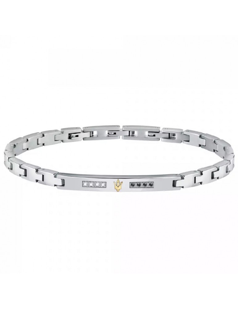 Bracciale Maserati Uomo - in Acciaio Placca Silver con Diamanti Bianchi e Neri 22cm - 0