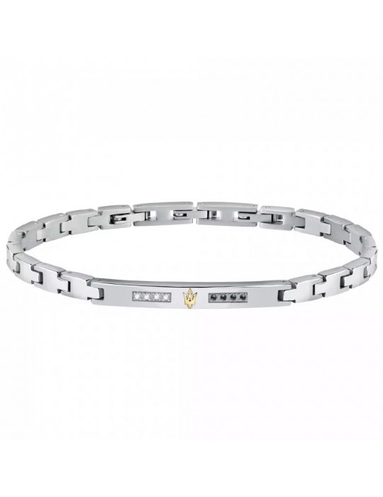 Bracciale Maserati Uomo - in Acciaio Placca Silver con Diamanti Bianchi e Neri 22cm - 0