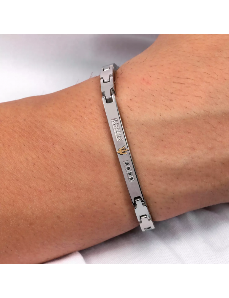 Bracciale Maserati Uomo - in Acciaio Placca Silver con Diamanti Bianchi e Neri 22cm - 0