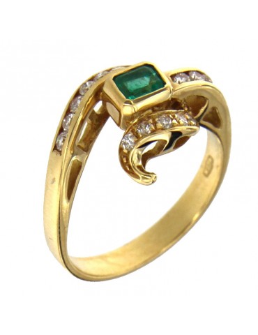 Anello Picca Donna - in Oro Giallo con Diamanti e Smeraldo - 0