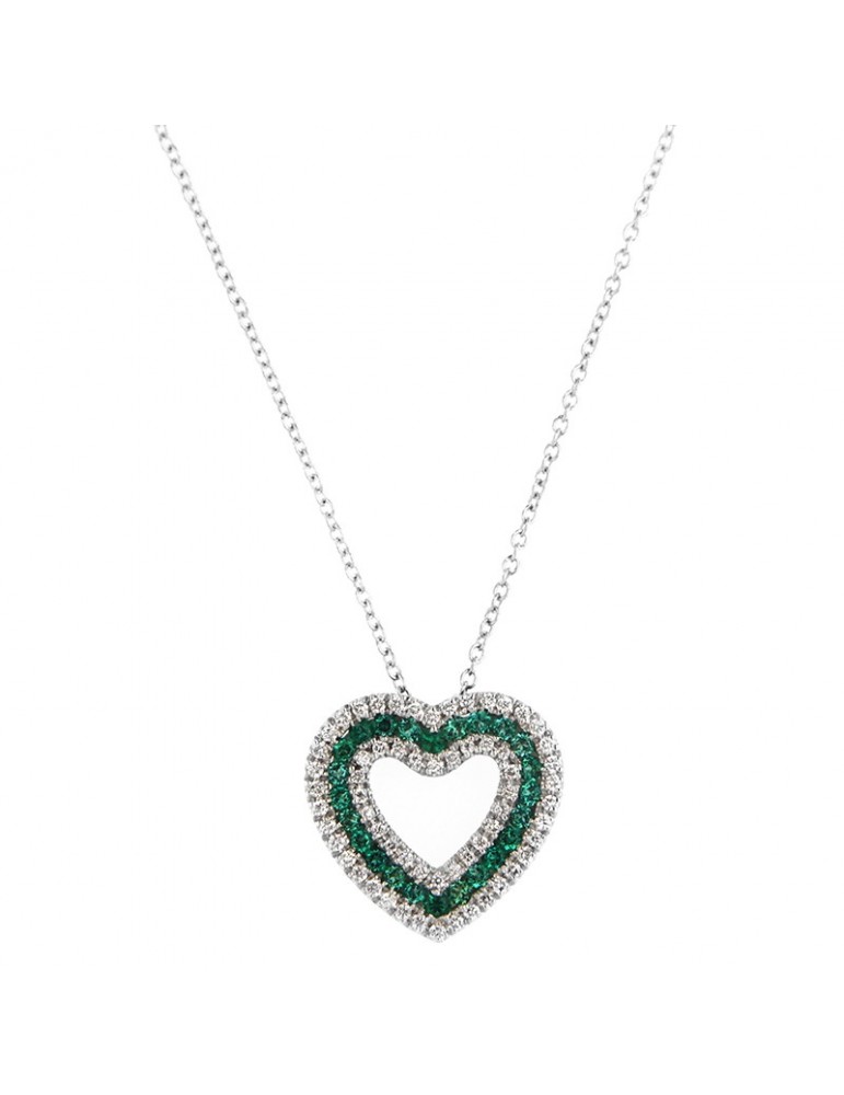 Davite & Delucchi Necklace - 18k White Gold with Natural Diamonds and Emeralds Heart Pendant - 0