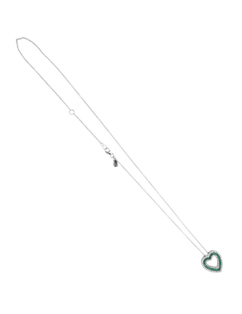 Davite & Delucchi Necklace - 18k White Gold with Natural Diamonds and Emeralds Heart Pendant - 0