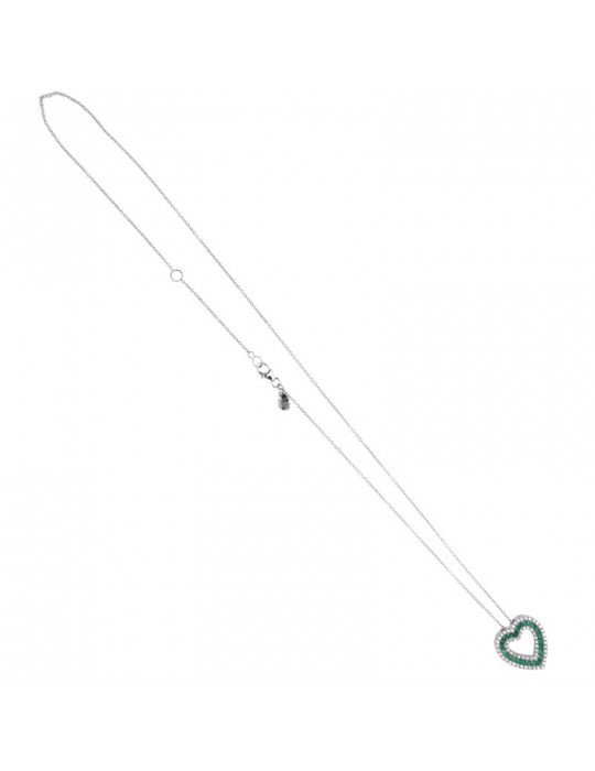 Davite & Delucchi Necklace - 18k White Gold with Natural Diamonds and Emeralds Heart Pendant - 0