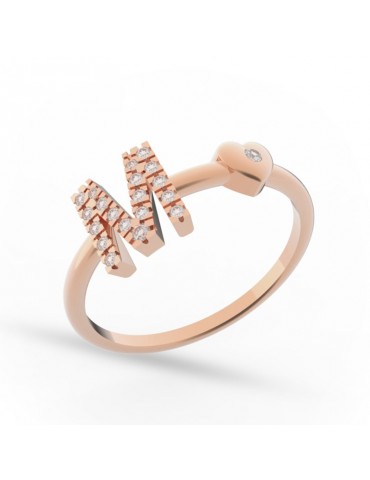 Buonocore Woman's Ring - Letters in 18K Rose Gold Letter M and Heart with White Diamonds 0.11 ct - 0