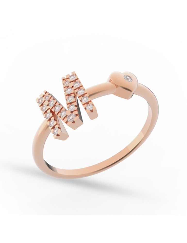 Buonocore Woman's Ring - Letters in 18K Rose Gold Letter M and Heart with White Diamonds 0.11 ct - 0