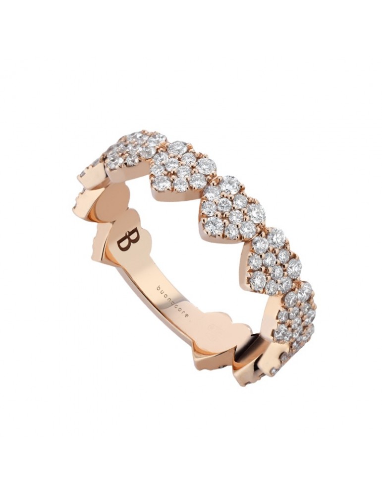 Buonocore Woman's Ring - 18K Rose Gold Hearts with White Diamonds 0.98 ct - 0