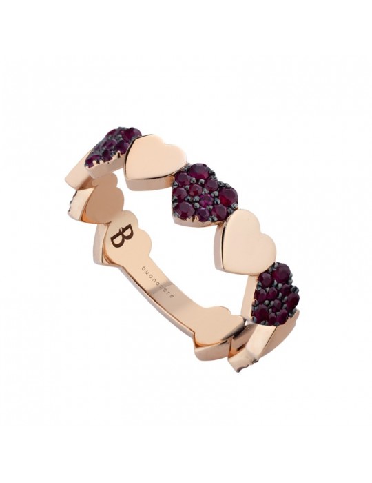 Buonocore Ring - in 18K Rose Gold with Smooth Hearts Alternating with Hearts with Rubies - 0