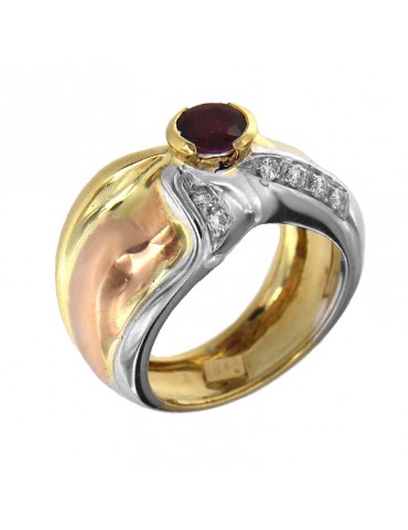 Anello Picca Donna - in Oro Giallo, Rosa e Bianco con Diamanti e Rubino - 0