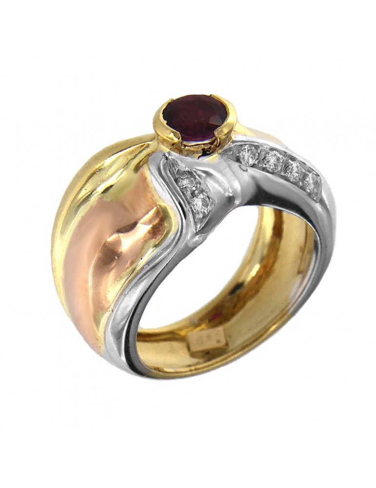 Anello Picca Donna - in Oro Giallo, Rosa e Bianco con Diamanti e Rubino - 0