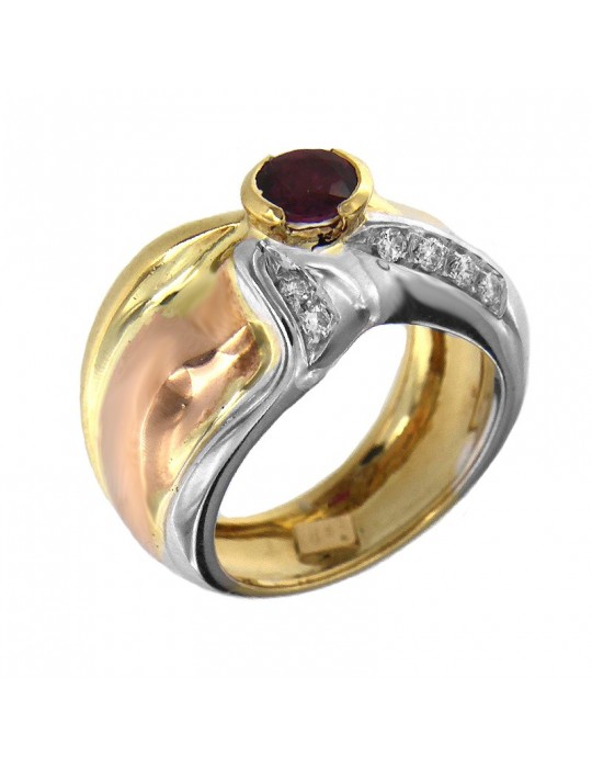 Anello Picca Donna - in Oro Giallo, Rosa e Bianco con Diamanti e Rubino - 0