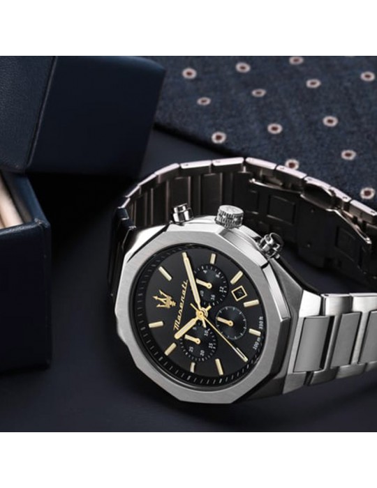 Maserati Men's Watch - Stile Chronograph and Date 45mm Black with White and Golden Indexes - 0