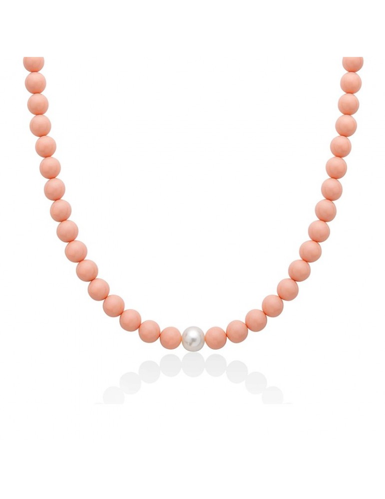 Miluna Women's Necklace - Land and Sea with 8mm Pink Agglomerate and 8.5 - 9mm Freshwater Pearl - 0