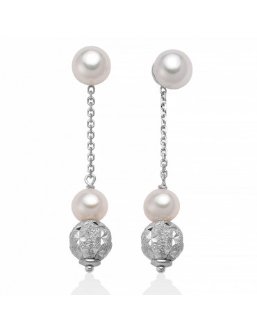 Miluna Woman's Earrings - 18K White Gold Pendants with Freshwater Pearls and Boule - 0