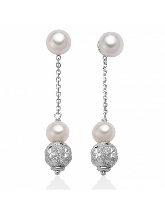 Miluna Woman's Earrings - 18K White Gold Pendants with Freshwater Pearls and Boule - 0