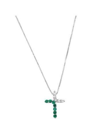 Collana Davite & Delucchi - Croce in Oro Bianco con Diamanti e Smeraldi - 0
