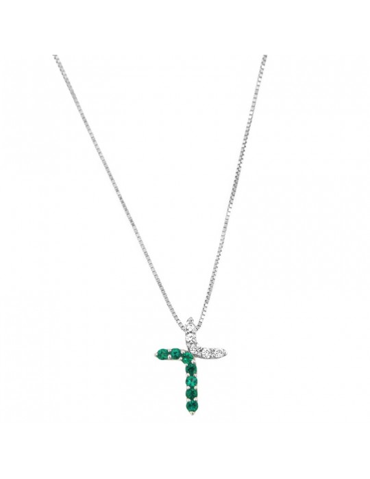 Davite & Delucchi Necklace - White Gold Rood with Diamonds and Emeralds - 0