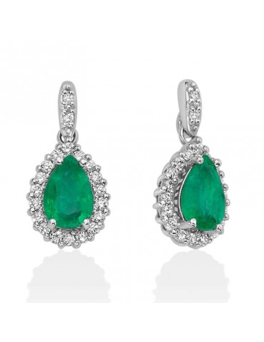 Miluna Woman's Earrings - 18K White Gold Drop with Natural Diamonds and Emeralds - 0
