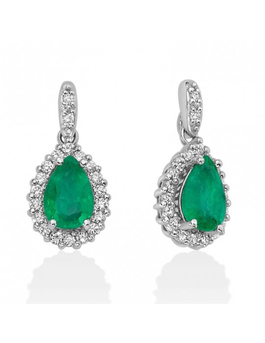 Miluna Woman's Earrings - 18K White Gold Drop with Natural Diamonds and Emeralds - 0