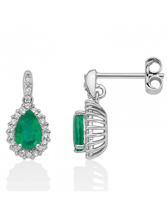 Miluna Woman's Earrings - 18K White Gold Drop with Natural Diamonds and Emeralds - 0